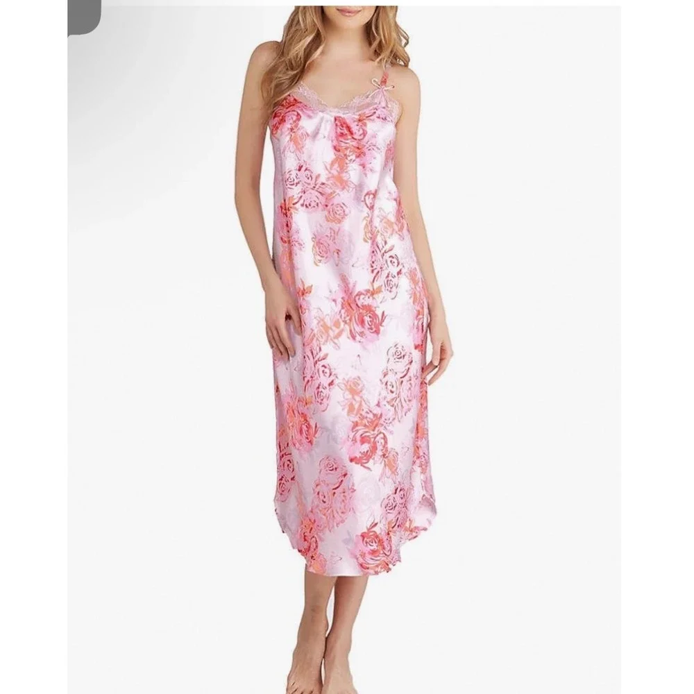 Oscar de la Renta Pink Floral Satin Lace Trim Nightgown Chemise